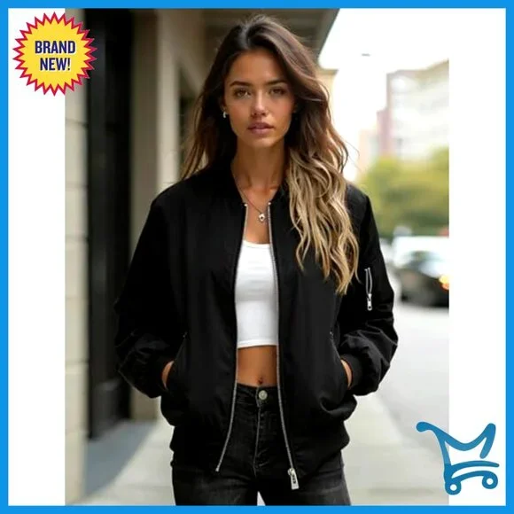 Lightweight Bomber Jacket with Pockets, Zip Up Casual Coat for Spring Fall